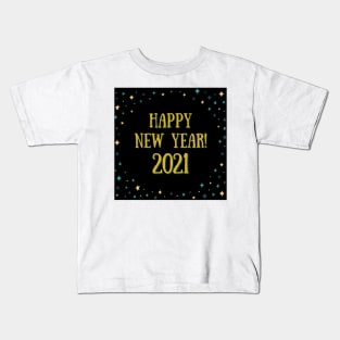 happy new year! 2021 holiday blue teal gold yellow stars pattern Kids T-Shirt